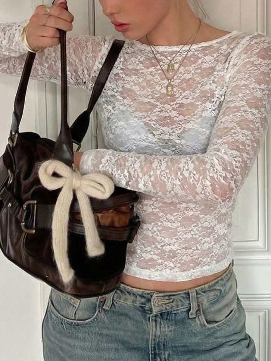 女士花卉蕾丝性感修身长袖上衣，春夏派对、夜店、度假、休闲街头Y2K风格服装 - 白色 - 查看 1