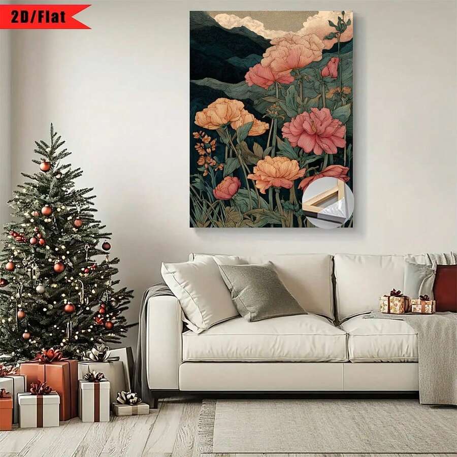 Enmarcado [2D Plano] 1 Pieza Patrón de Estilo Vintage, Representando un Jardín Exuberante| Pintura de arte en lienzo plano 2D, adecuada para decoración de regalos de Acción de Gracias y otras festividades, perfecta para decoración de hogar, habitación, sala de estar, dormitorio, baño, Halloween, marco de madera, se puede colgar directamente, no necesita instalación. - Multicolor - Ver 1
