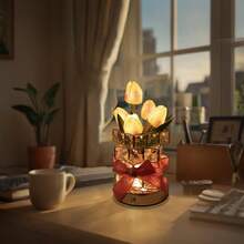 QY- Lámparas de flores de cristal de tulipán recargable por USB luz artificial inalámbrica 3 colores regulables y brillo ajustable decoración de dormitorio sala de estar día de San Valentín regalo -2195 - Tulipán Rosa - Ver 7