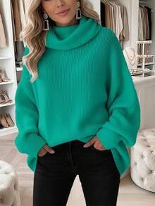 New Women's Casual Fashionable Minimalist Solid Color Knitted Turtleneck Sweater, Autumn/Winter - Teal Blue - View 6
