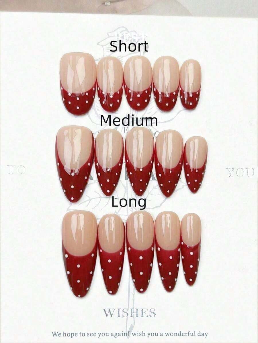 10pcs Handmade Nails Oval Almond Stiletto Nails Press On Nails Medium Short Long, Gentle Red Nails, Red French Tip Nails, White Polka, Simple Elegant Handcrafted Autumn Nails, Fall Press On Nails, Nails, Y2K Style Festival Nail Party Daily & Dating Use Beach Tropical Getaway Suitable,False Nail Art Suitable Women & Girls As Nail Supplies - 紅色 - 查看 1