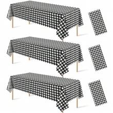 3Pcs Black And White Gingham Tablecloth Decorations, Disposable Plastic Black Checkered Tablecloth Buffalo Plaid Table Cover For Ba By Shower Bridal Wedding Birthday Party Supplies,54 X 108 Inch,Black - Black - 查看 1