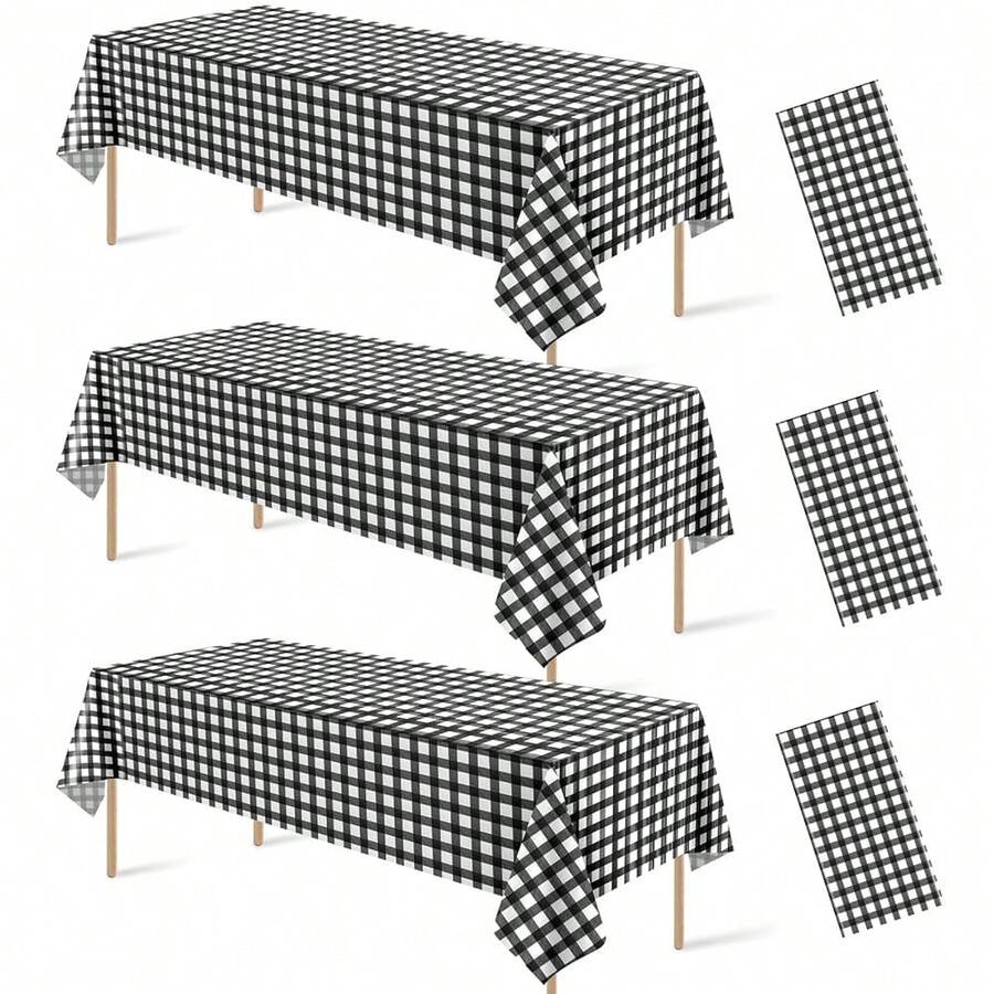 3Pcs Black And White Gingham Tablecloth Decorations, Disposable Plastic Black Checkered Tablecloth Buffalo Plaid Table Cover For Ba By Shower Bridal Wedding Birthday Party Supplies,54 X 108 Inch,Black - Black - 查看 1