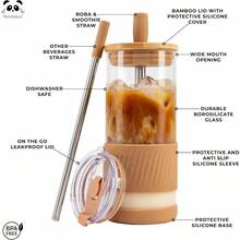 ® Glass Cups With Lids And Straws -20 Fl Oz- Perfect Size Iced Coffee Cup - Smoothie Cup With Bamboo Lid And On The Go Lid - Glass Tumbler With Straw 1 Count (Pack Of 1 Amber Sand) - 杏色 - 查看 3