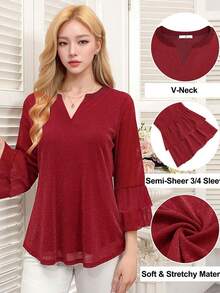 CheersLife Blusa casual/formal para mujer, manga 3/4 acampanada, camisa de malla de doble capa con cuello en V, primavera - Burdeos - Ver 5