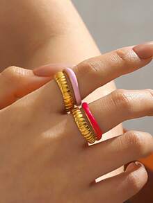 1pc Stainless Steel Fashionable Geometric Textured Ring, Suitable For Women's Daily Wear - Multicolor - View 3