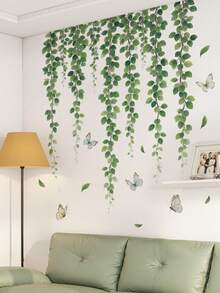 2 pièces Stickers muraux de plante verte, de libellule et de vigne, décoratifs pour le salon, l'entrée, la chambre à coucher, autocollants amovibles en PVC - Vert sapin - Voir 3