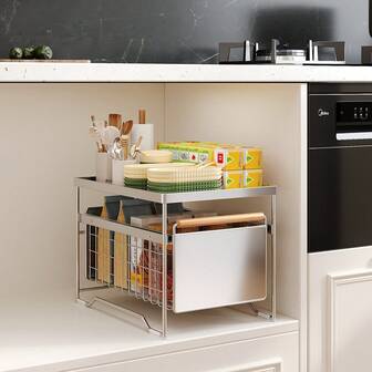 Stainless Steel Kitchen Cabinet Pull-Out Basket, Multifunctional Sink Organizer Rack For Bowls, Dishes, Spices