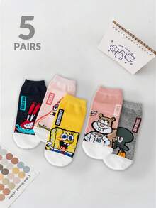 SpongeBob SquarePants 5 đôi tất cổ ngắn nữ, tất in hình hoạt hình phong cách thường ngày, thích hợp cho mùa xuân, hè, thu, phù hợp mặc hàng ngày, đi du lịch, đi học, tất cổ thấp. - Nhiều màu - Xem 4