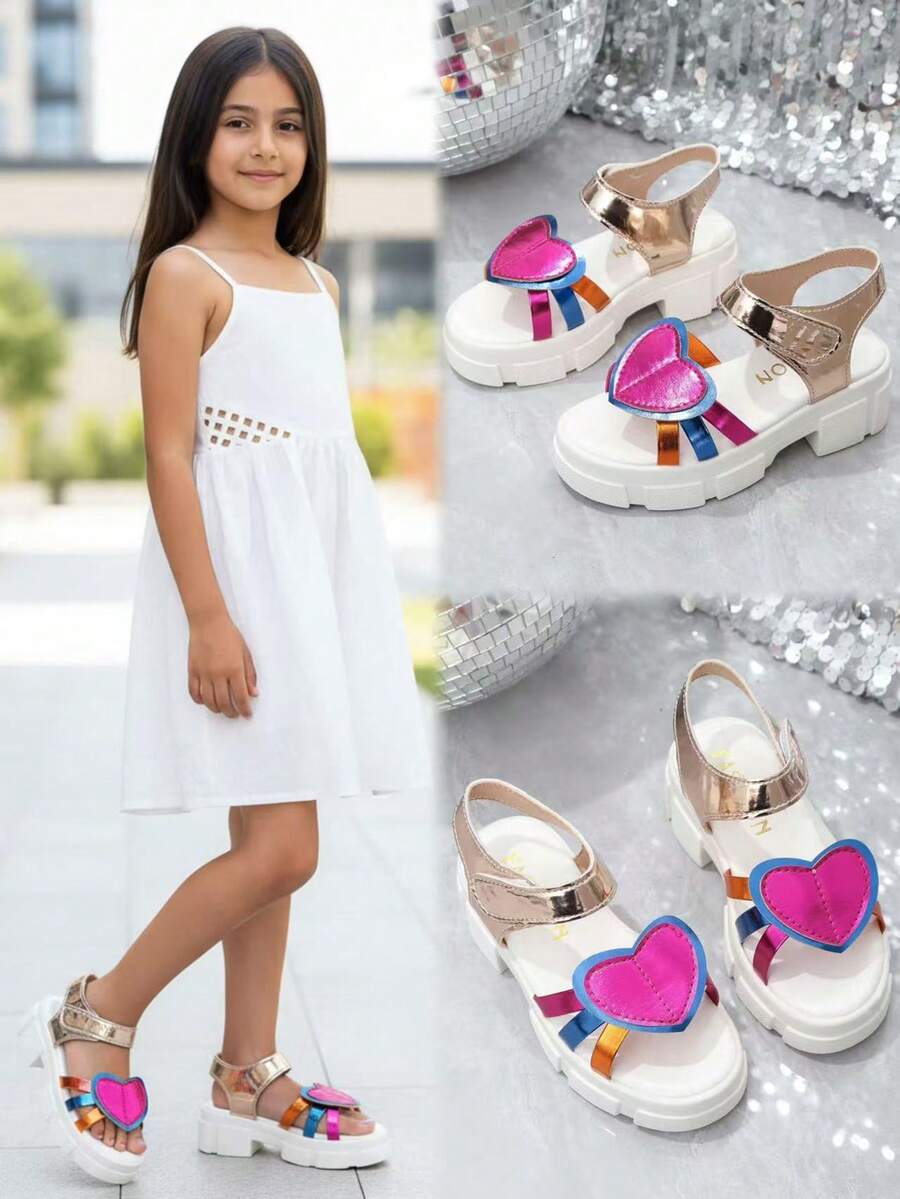 1双玫瑰金亮片坡跟凉鞋，适合大童，柔软彩虹条纹PU材质，可调节鞋带，饰有爱心图案，圆头，3厘米厚鞋跟，时尚可爱公主风，适合海滩、日常、度假穿着，适合3-15岁女孩，2026春夏款 - 金色 - 查看 1