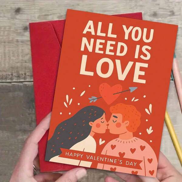 1 pieza Tarjeta de felicitación del Día de San Valentín "Todo lo que necesitas es amor" con ilustración de pareja romántica y diseño de flecha con corazón, perfecta para celebrar el Día de San Valentín, ideal para amigos, amantes, parejas, colegas, enviar cariño cálido en ocasiones especiales