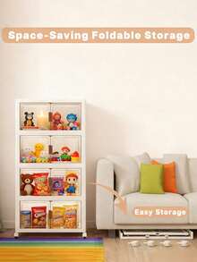 2/3/4/5 Layers    Collapsible Storage Bins With Lids, Folding Storage Box For Home, Kitchen And Office,Stackable Closet Organizer With Wheels, With Doors Cube Storage Containers - White - View 6