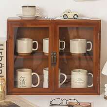 Gabinete de almacenamiento de encimera de madera rústica con puertas dobles para tazas de café especias figuras de acción - Marrón - Ver 5