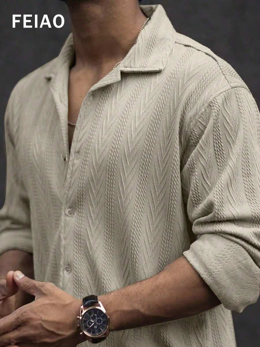 男士复古硬币纹理纯色针织休闲长袖衬衫，秋冬款