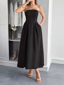 Unadoll 女士无肩带拉链休闲优雅连衣裙，适合海滩度假、旅行、约会、音乐节、返校季和圣诞节等场合。 - 黑色 - 查看 1