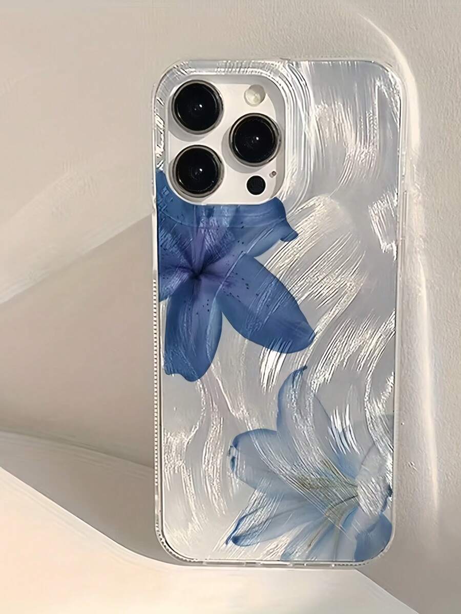 1个蓝白百合花图案高品质IMD羽毛雪纺全包防震手机壳,兼容苹果17/16/15/14/13/12/11 Pro Max - 彩色 - 查看 1