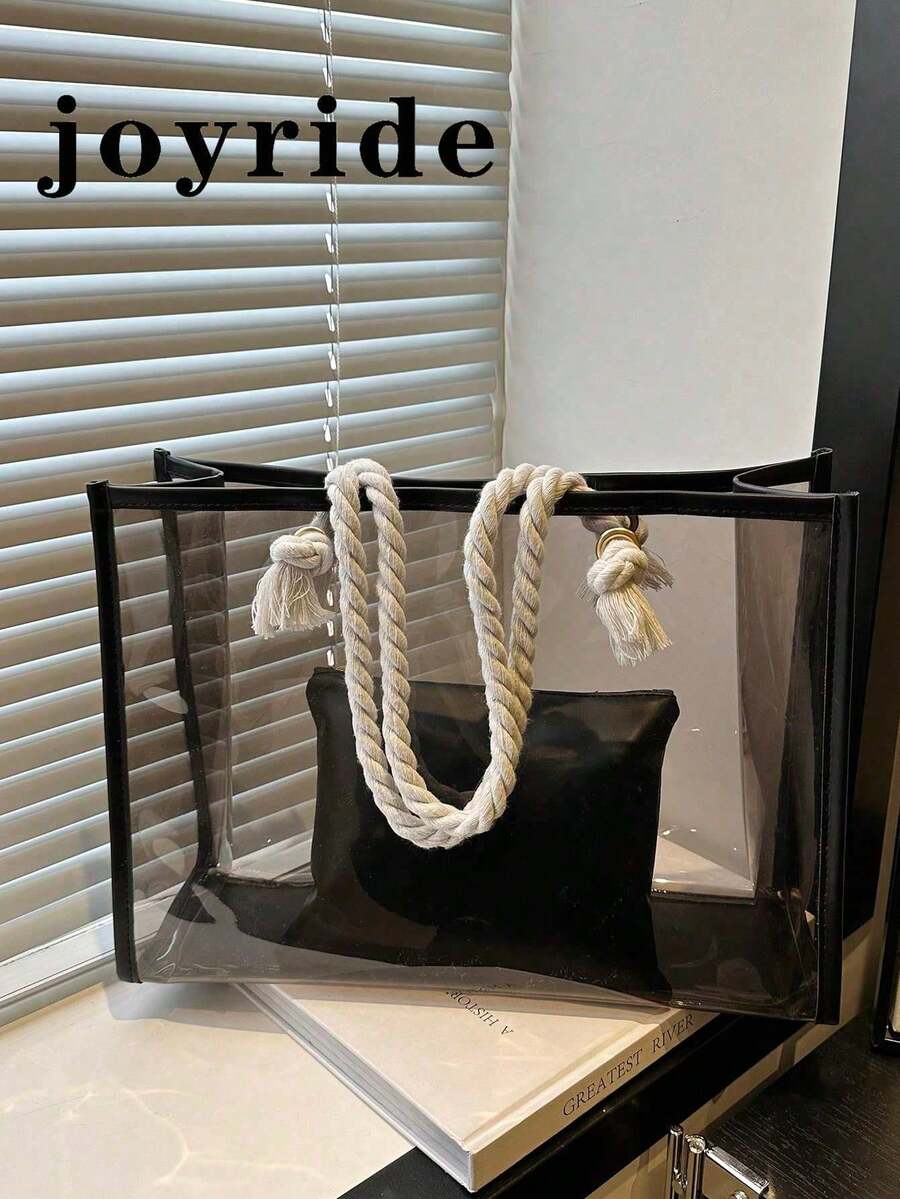 2pcs/Set Women Fashion Color Block Transparent Beach Tote Bags - Black - View 1