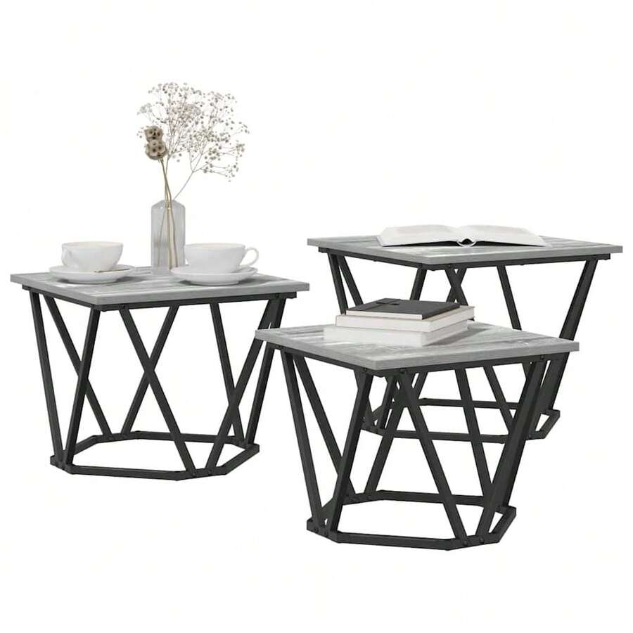 vidaXL Couchtisch 3 Stk. Graues Sonoma Ingenieure Holz und Stahl - Grau - Übersicht 1