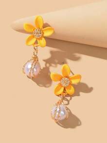 Flower Decor Faux Pearl Drop Earrings Valentines - Yellow - View 4