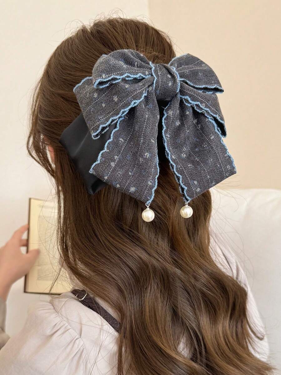 1个女士珍珠蕾丝灰色蝴蝶结爪夹半丸子头发饰，发夹，发卡 - 彩色 - 查看 1
