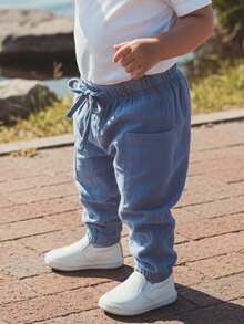Unisex Baby Pants Pack Of 3 Toddler Boys Joggers Kids Girls Trousers Solid Color Elastic Waist Bottoms Soft Cotton Cargo Pants Casual Trousers - 藍色 - 查看 5