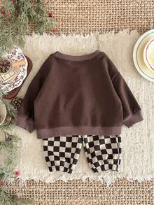 2pcs/Set Baby Boy Casual Solid Color Crew Neck Long Sleeve Sweatshirt And Checkerboard Long Pants, Spring/Autumn - Brown - View 6