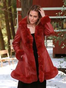 Giolshon Women's PU Leather Jacket With Faux Fur Lining, Hood And Belt - Minimalist Fashion, Suitable For Autumn/Winter - 酒紅色 - 查看 9