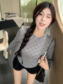 Polka Dot Long Sleeve Casual T-Shirt For Women, Spring/Autumn - Grey - View 7