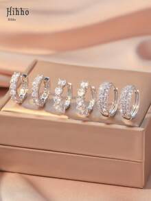 Hihho 6件套优雅锆石耳钉，经典复古简约奢华设计，适合日常叠戴或单独佩戴，是送给朋友的最佳礼物。 - 銀色 - 查看 11