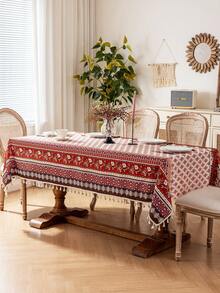 1 pièce Nappe rectangulaire bohème, motif géométrique de losanges rouges, décoration de franges beiges, lavable, nappe de table à manger, décoration de dessus de table, décoration de fête, nappe de fête, convient pour les rassemblements, les dîners, les fêtes, toutes les saisons - Rouge - Voir 16