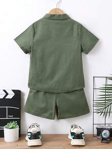 Cartoon Print Shirt And Shorts Casual Outfit For Young Boy - Dark Green - View 2