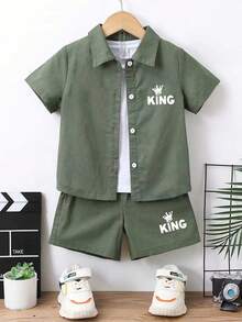 Toddler Letter Print Shirt And Shorts Set - Dark Green - View 1