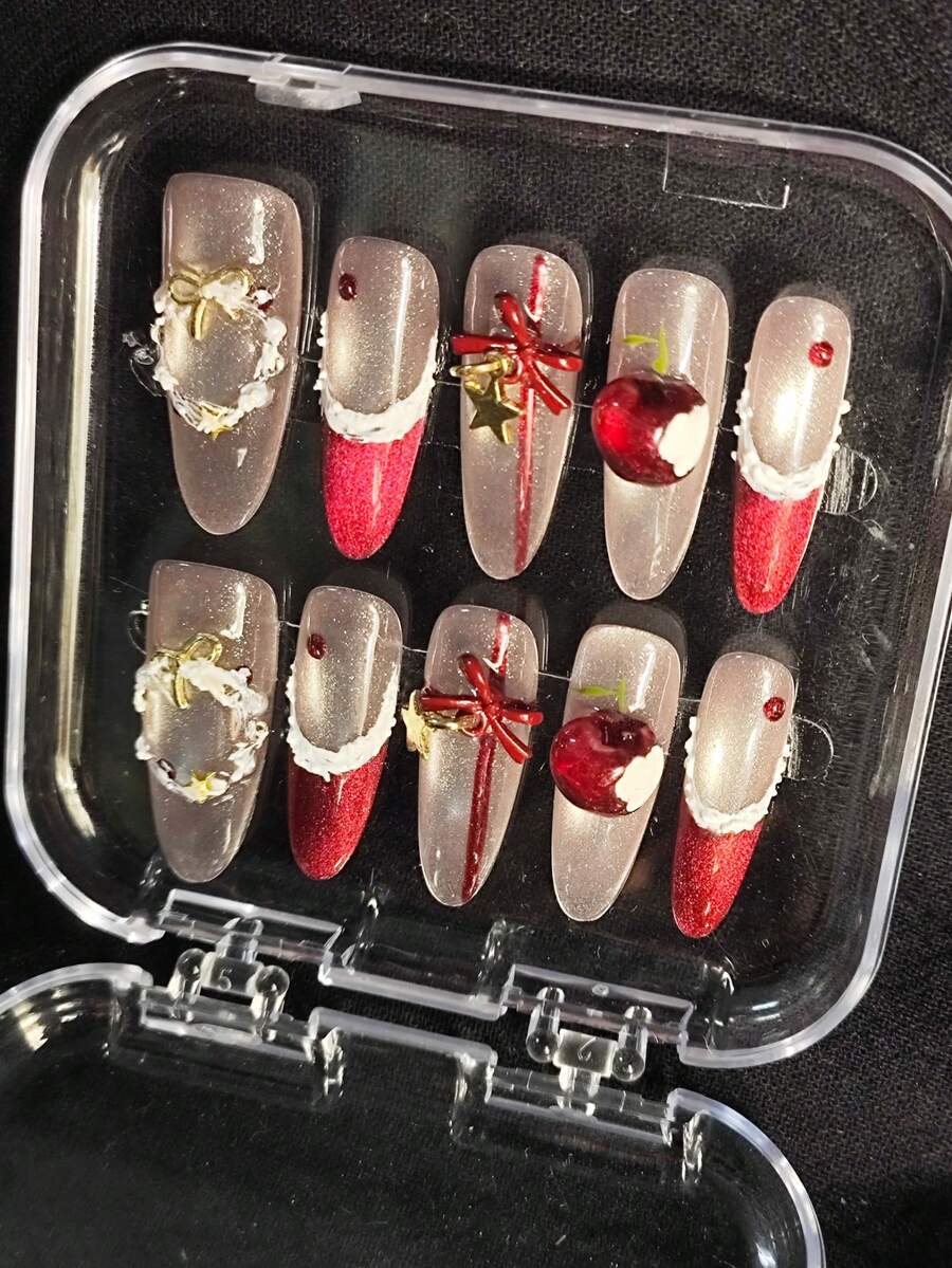 10 Pcs Handmade Press-On Nails Set – Coffin Shape | Red & Champagne Gold With 3D Apple, Bow, Wreath & Star Charms | Luxury Glossy Reusable Nail Art For Women | Elegant Valentine's Day & New Year Gift Manicure Set | Premium Nail Tips For Long-Lasting Glamour & Sophisticated Look - "Điều ước đỏ thẫm" - Xem 1