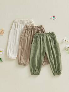 Unisex Baby Pants Pack Of 3 Toddler Boys Joggers Kids Girls Trousers Solid Color Elastic Waist Bottoms Soft Cotton Cargo Pants Casual Trousers - 綠色 - 查看 2