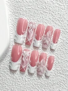 10件套浪漫婚礼美甲套装，白色压花美甲贴纸，白色迷你仿珍珠装饰，芭蕾舞风格浅粉色蝴蝶结美甲配件，纯色美甲贴纸，三种尺寸：杏仁形、方形、椭圆形，适合派对、婚礼、约会、日常佩戴，包含工具包（1张果冻贴纸+1个指甲锉），送给女性和女孩的绝佳礼物，手工美甲贴片 - 彩色 - 查看 13