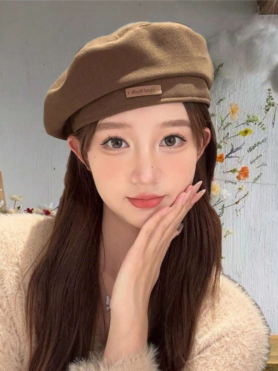 Beret For Women, Autumn And Winter, Japanese Retro, Versatile, Lettered, Face-Slimming, Octagonal Hat, Pumpkin Hat. Black Beret Hat,Summer,Beach - Multicolor - View 1