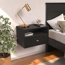 Transitional 1 Drawer Floating Nightstand With Open Shelf, Wall Mounted Nightstand, Contemporary Bedroom Furniture, 15"D X 22.5"W X 14.5"H, Black - 黑色 - 查看 9