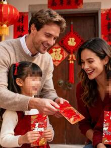 6个新年红包式自封纸质压花礼袋，哑光硬纸材质，红金压纹设计，尺寸17*9厘米，适用于办公及节日用品、礼品包装，多种款式可选 - 彩色 - 查看 7