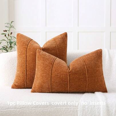 1PC Chenille Pillow Cover Without Insert, 3D Piping Design, Luxury Nordic Style Square Cushion Cover For Sofa Bedroom Living Room All Season Use,Orange