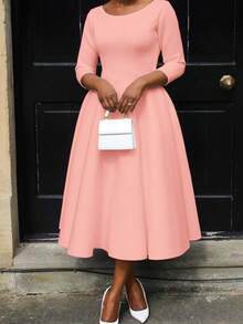 Women's Mid-Length Solid Color Three-Quarter Sleeve Dress, Flattering U-Neck With Pockets And Full Skirt. - 粉色 - 查看 1