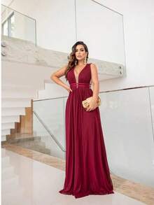 Vestido de Festa em Tule / Decote / Abertura nas Laterais / Longo para Formatura, Madrinha e Convidadas - Vinho - Visão 2