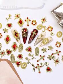 48Pcs Gold Nail Charms And Gems Kit, Nail Gems Silver Rhinestones For Nails, 3D Y2K Accessories Nail Decor, Cross Garland Mary Starburst Butterfly Rose Flower Heart Charms For Nails Design For Nails Art - Vàng - Xem 5