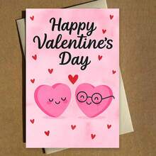 1PC Happy Valentine's Day Pink Smiling Hearts Card Greeting Card With Envelope Cute Cartoon Heart Couple Design In Soft Romantic Style Perfect For Valentine's Day Gift, Great For Friends, Lovers, Colleagues, Special Someone
