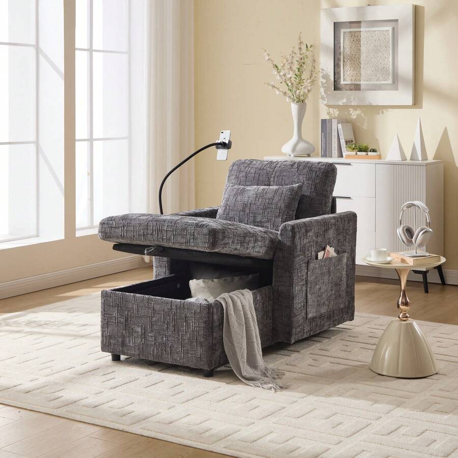 Reclining Armchair/Lounge Chair With Mobile Phone Holder, Single Armchair With Side Pockets And Large Storage Space, Chaise Lounge Suitable For Living Room, Bedroom And Reading Corner, Chenille - 灰色 - 查看 1