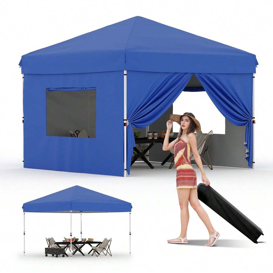 Huisuilinss Canopy Tent,Pop Up Canopy With 4 Sidewalls,10x10Ft Instant Canopy Tent,Portable Gazebo,Easy Set-up Sun Shelter With 4PCS Sidewalls,4 Sandbags For Camping Patio Backyard Beach Outdoor Activities - Azul - Ver 1