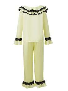 Women's Pajamas Set Long Sleeve Turn Down Color Ruffled Button Up Tops And Elastic Waist Pants Lounge Wear 2 Pcs Set - Amarillo - Ver 2
