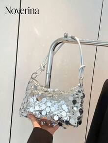 1pc Gold-Tone Glittery Crescent Moon Shape PVC Shoulder Bag For Women,[US-Based Shipping] New Fashion Sequin Handbag & Shoulder Bag, Suitable For Party, Outing, Vacation, Shopping And Daily Use, Can Store Coins, Phones, Also Can Be Used As Work Bag For Office Ladies, College Students And Commuters, Elegant Design For Women,Women's Fall Clothing Winter Clothing Christmas Gift Fall Autumn Velvet Furry Party Fuzzy Plush Thanksgiving Festival Cyber Monday Holiday Knitted Winter Valentine's Day Gift Christmas Women's Crossbody New Year Snow Warm Thermal End-Of-Year ,Tote Bags For Women,Purse,Christmas Gifts,Purses And Bags Women - 銀色 - 查看 2