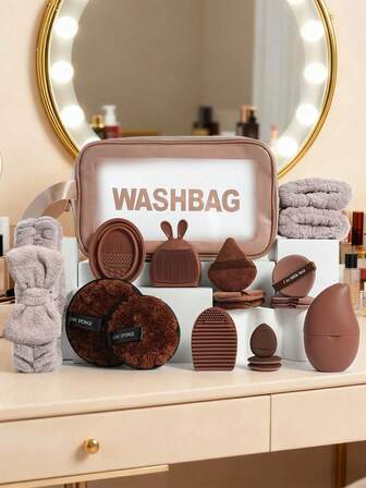 19pcs Makeup Brush Set, Including: 1 Multi-Functional Zipper Waterproof Makeup Bag + 3 Triangle Makeup Sponges + 3 Mini Air Cushion Makeup Sponges + 1 Hair Tie + 2 Bowl Hanging Ropes + 2 Cleansing Sponges + 2 Makeup Brush Cleaning Tools + 1 Face Ice Pack + 1 Silicone Soft Hair Brush + 3 Air Cushion Makeup Sponges