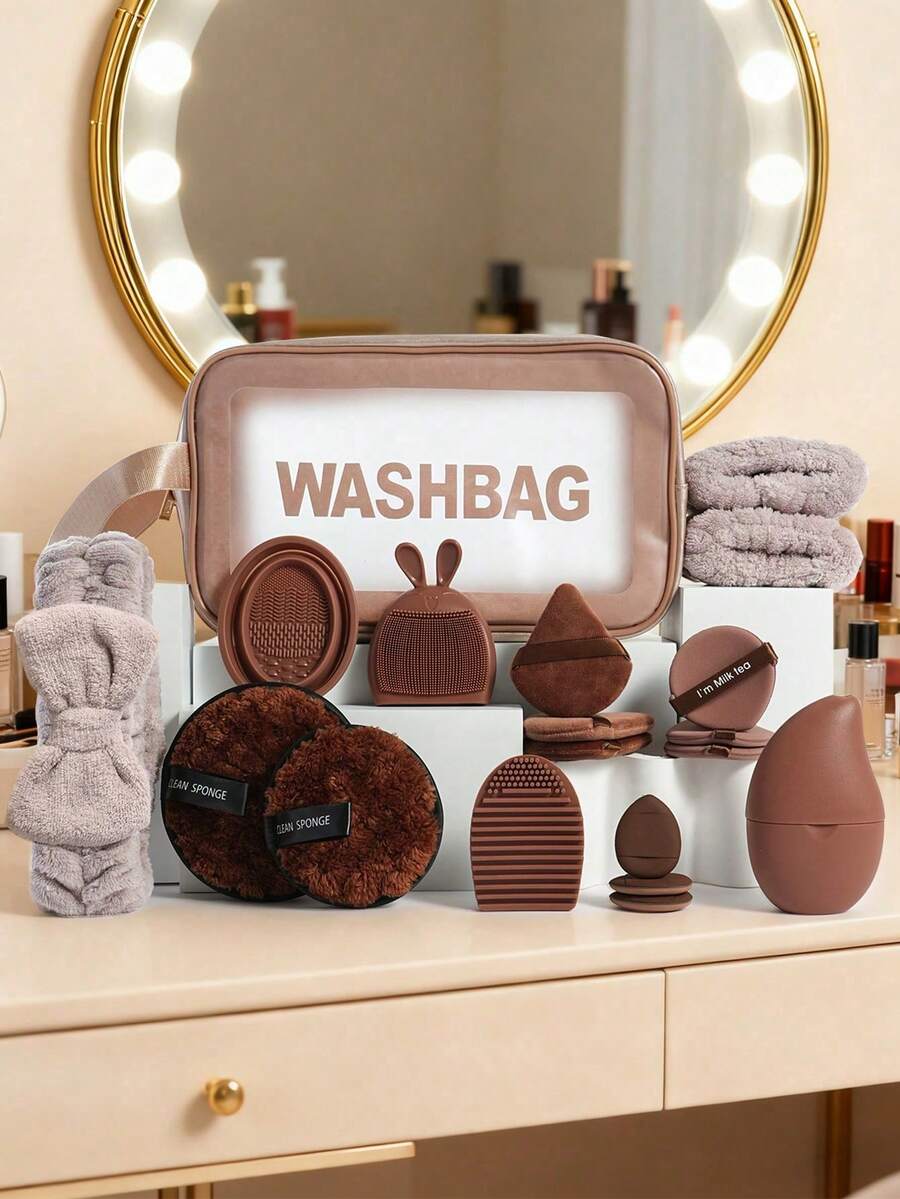 19pcs Makeup Brush Set, Including: 1 Multi-Functional Zipper Waterproof Makeup Bag + 3 Triangle Makeup Sponges + 3 Mini Air Cushion Makeup Sponges + 1 Hair Tie + 2 Bowl Hanging Ropes + 2 Cleansing Sponges + 2 Makeup Brush Cleaning Tools + 1 Face Ice Pack + 1 Silicone Soft Hair Brush + 3 Air Cushion Makeup Sponges - Coffee Brown - View 1