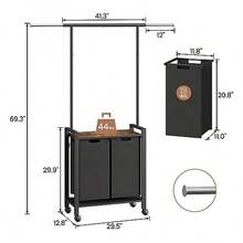 Cesto para ropa sucia de 2 secciones con perchero, cesta para ropa sucia con ruedas y cesta extraíble, organizador para lavandería. - Negro - Ver 3